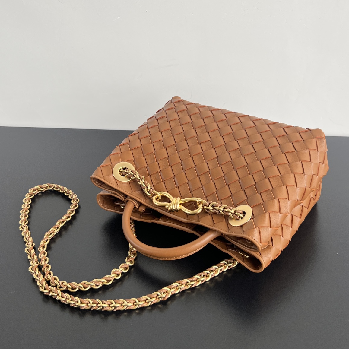 Small Andiamo Intrecciato Leather Top Handle Bag Caramel